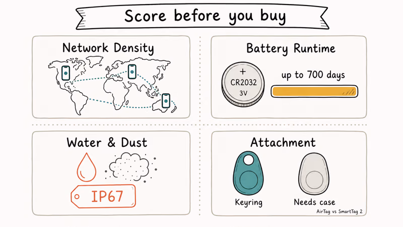 Hand-drawn rubric of four Bluetooth luggage tracker criteria network battery water and attachment