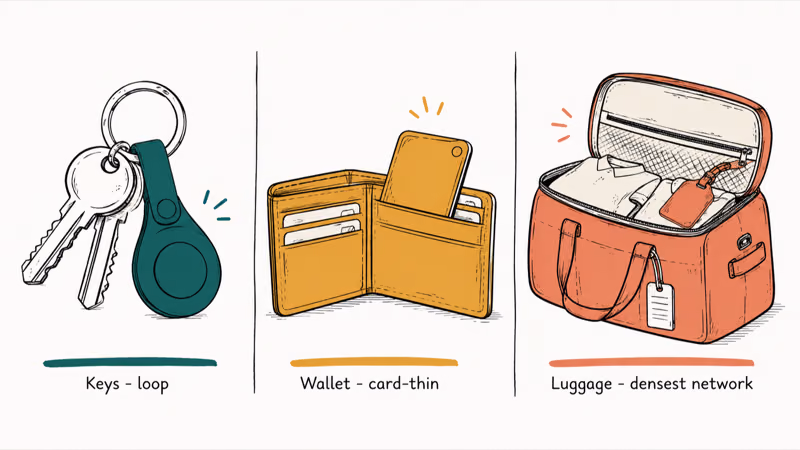 Bluetooth trackers matched to keys a slim wallet card and a checked travel bag