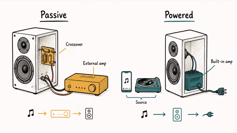 Passive bookshelf speaker wired to an external amplifier beside a powered speaker with built-in amp