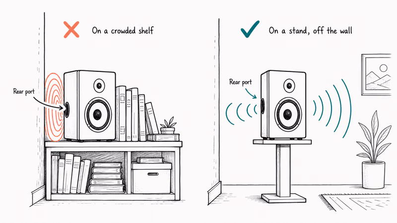 Bookshelf speaker on a crowded shelf versus on a stand away from the wall
