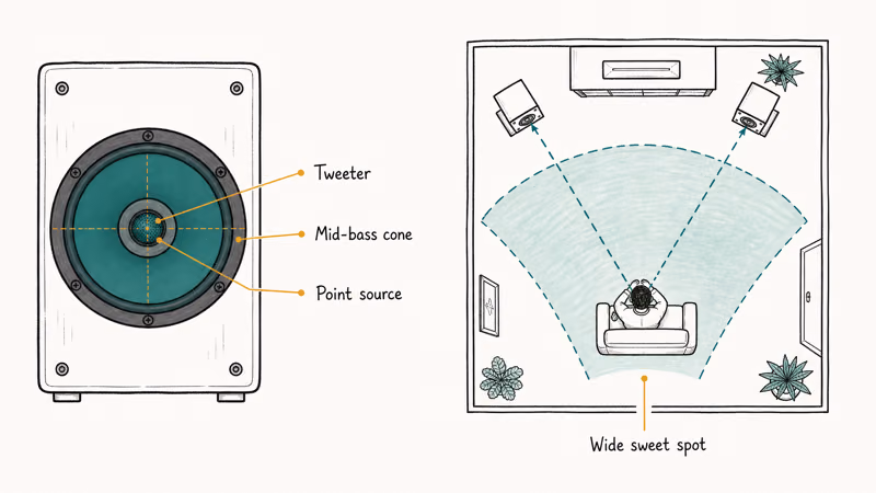 KEF Uni-Q driver with tweeter centered in the woofer cone for a wide sweet spot
