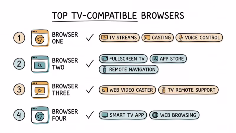 Hand-drawn ranked list of TV browser apps with feature badges and check marks