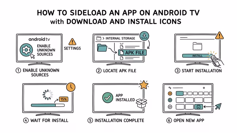 Hand-drawn step-by-step sideloading guide for Android TV with download and install icons