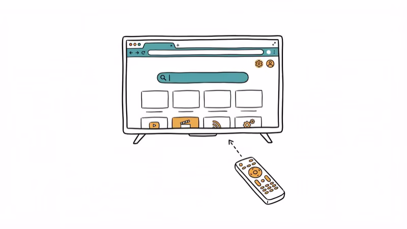 Hand-drawn smart TV displaying web browser with remote control pointing at screen