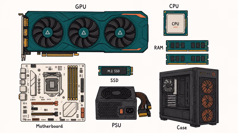Hand-drawn flat-lay of budget gaming PC parts including GPU, CPU, motherboard, RAM, SSD, and PSU