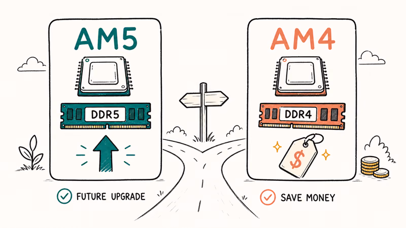 Two hand-drawn cards comparing AM5 upgrade path versus AM4 value route for a budget build