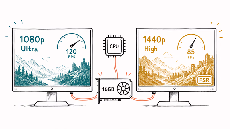 Hand-drawn two-monitor panel showing smooth 1080p Ultra and 1440p High gaming performance with FSR upscaling