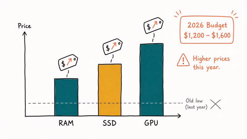 Hand-drawn chart showing rising RAM, SSD, and GPU prices pushing 2026 budget PC costs higher