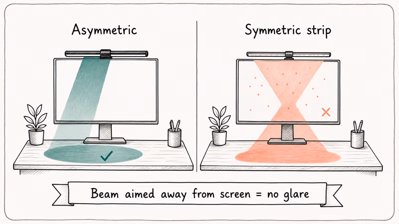 Diagram comparing asymmetric beam lighting desk only versus symmetric strip bouncing glare onto monitor screen
