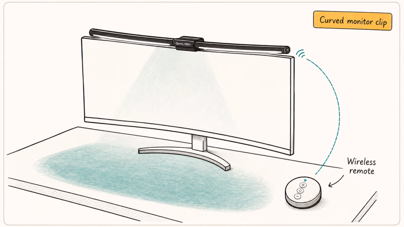 Quntis Monitor Light Bar PRO+ clipped on curved ultrawide monitor with wireless remote on desk