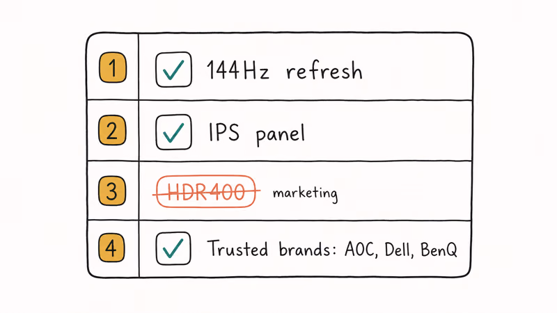 Hand-drawn checklist prioritizing 144Hz refresh and IPS panel while crossing out budget HDR400 marketing claims