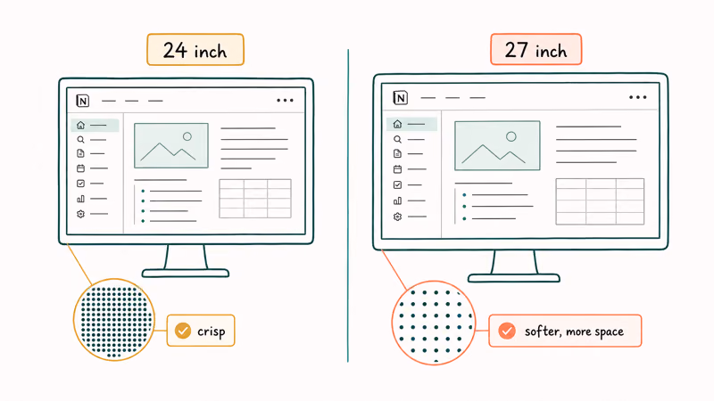 Hand-drawn 24-inch and 27-inch 1080p monitors showing tighter pixels look crisper on the smaller screen