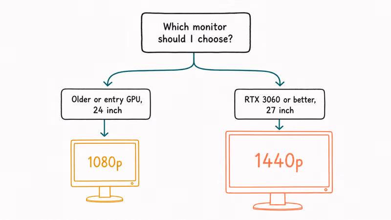 Hand-drawn decision board choosing 1080p for weaker GPUs or 1440p for mid-range cards