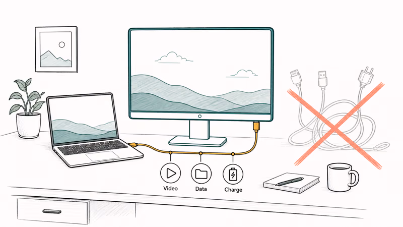 Hand-drawn desk with one USB-C cable carrying video, data, and laptop charging to a monitor