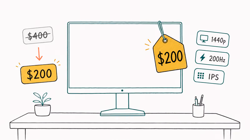 Hand-drawn 27-inch 1440p monitor with a 200 dollar price tag and high refresh badges