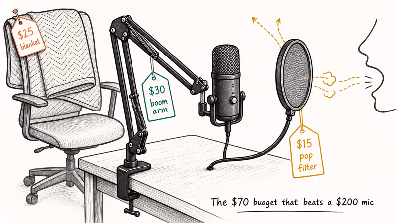 Budget USB microphone clamped to boom arm with pop filter and moving blanket accessory upgrades labeled.