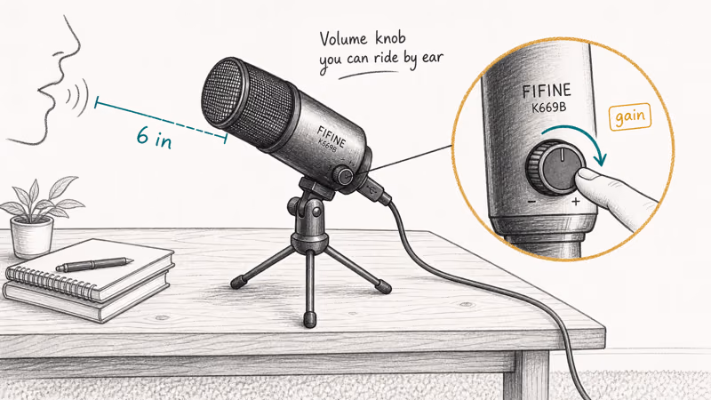 FIFINE K669B microphone on desk with volume knob enlarged in callout showing teal rotation arc.