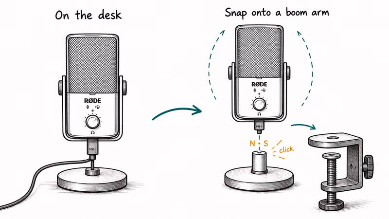 Rode NT-USB Mini microphone detaching from magnetic desk base to mount on a boom arm.