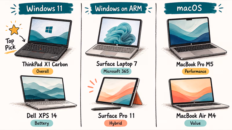 Six tested business laptops grouped by operating system showing names and best use tags
