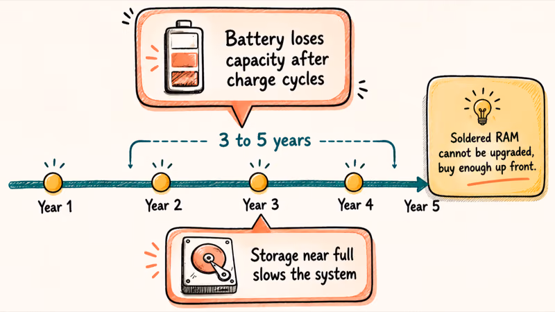 Business laptop lifespan track over five years marking battery and storage as fastest aging parts