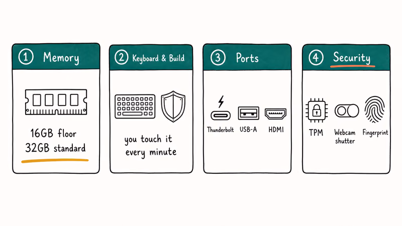 Four work laptop buying priorities memory keyboard ports and security shown as labeled cards