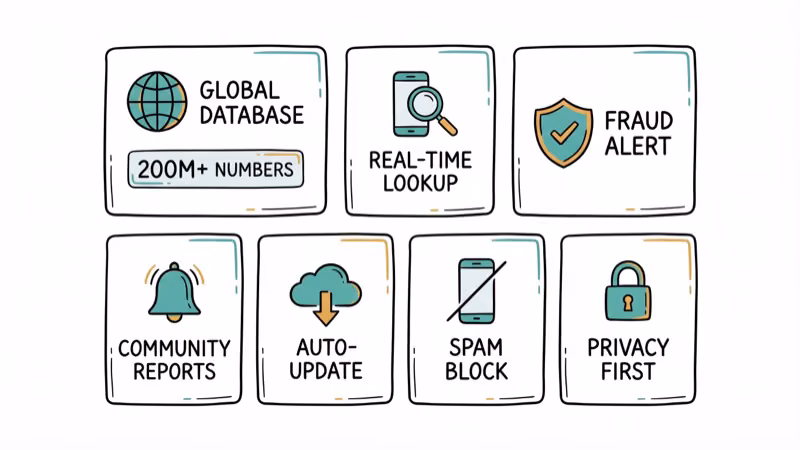 Hand-drawn grid of call blocker app cards showing database size and lookup features