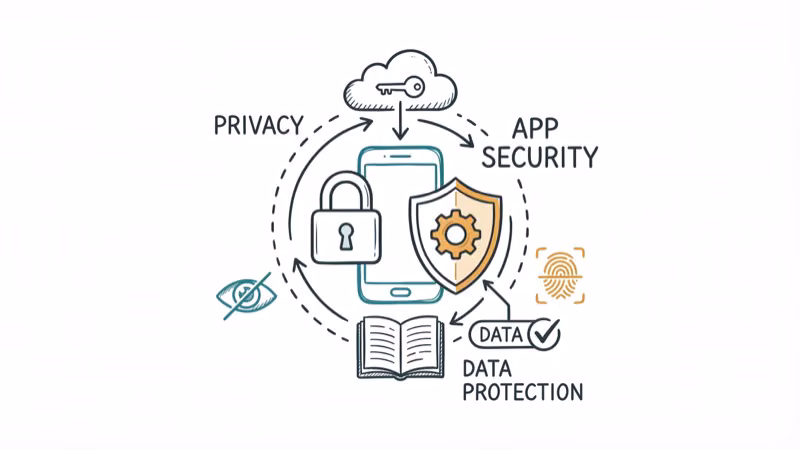 Hand-drawn privacy lock icon with phone and data protection symbols