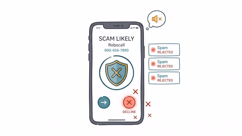 Hand-drawn smartphone with shield icon rejecting spam robocalls marked with red X