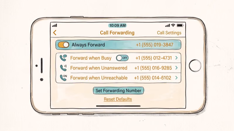 Google Voice app settings screen showing linked forwarding numbers configuration