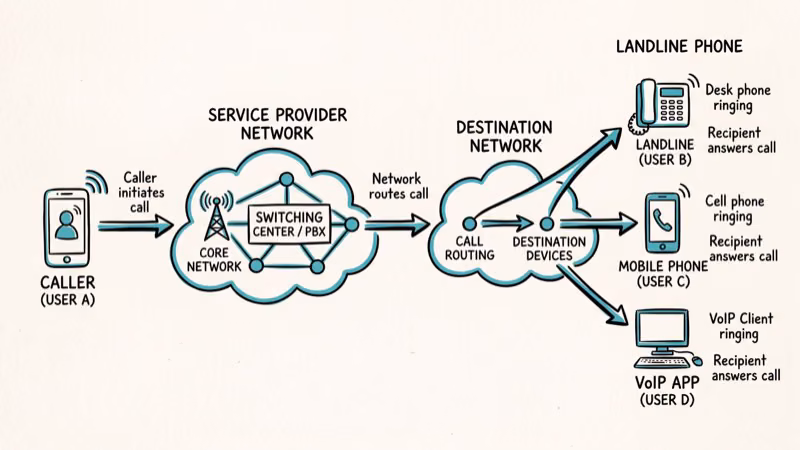Diagram showing incoming call being routed to three forwarding destinations