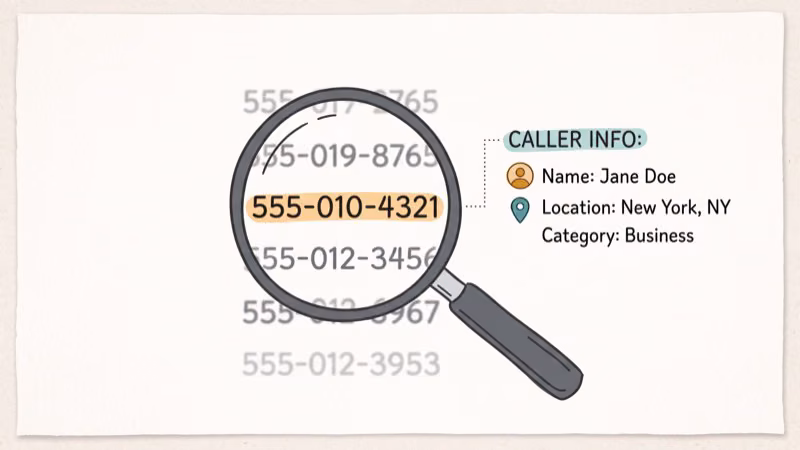 Reverse phone lookup results showing caller name and location details