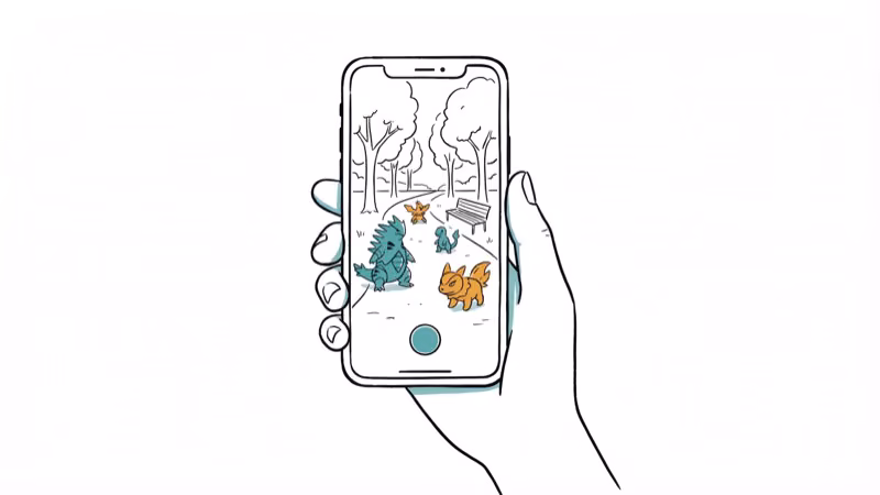 Mobile phone showing AR camera view with virtual game creatures in a park