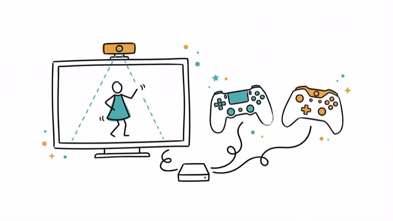 Game console setup with controllers and TV showing dancing figure tracked by camera