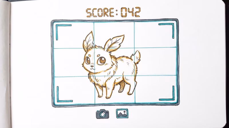 Camera viewfinder framing a creature with score counter and composition grid