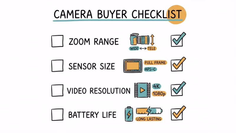 Camera buying checklist with zoom sensor video and battery features