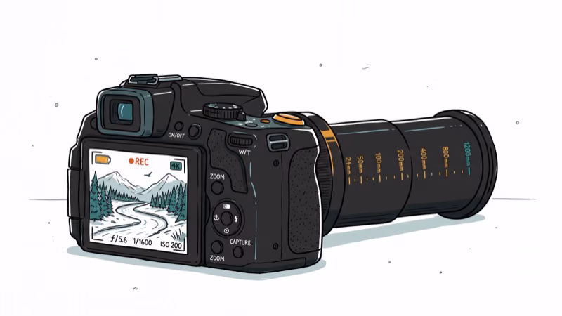 Bridge camera with extended zoom lens showing nature scene through viewfinder