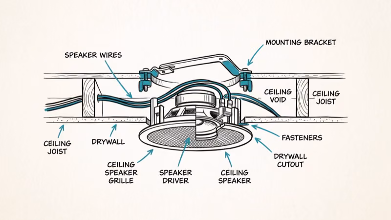 Step by step ceiling speaker installation with wire routing through joists