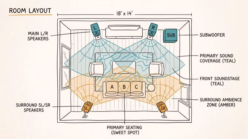 Room layout diagram showing optimal ceiling speaker placement for stereo coverage