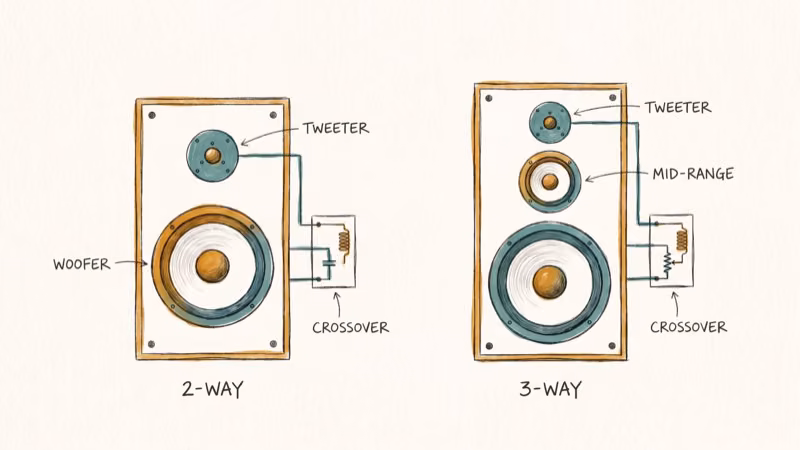 Three-way center channel speaker driver configuration with tweeter and woofers labeled