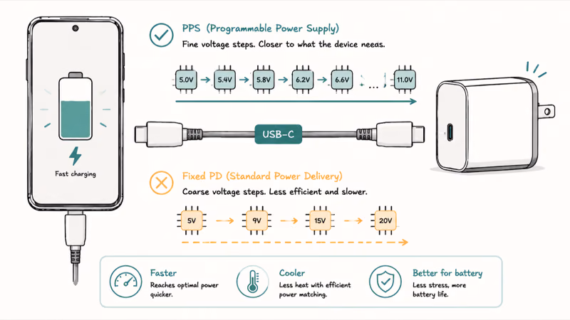 Pixel phone and charger negotiating PPS voltage steps for fast wired charging