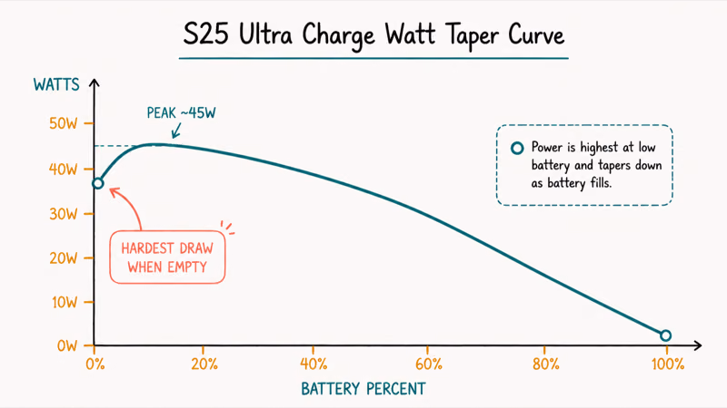 S25 Ultra forty five watt peak early charge curve tapering as battery fills