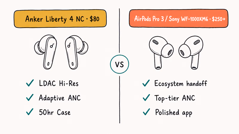 Side by side comparison of Anker Liberty 4 NC budget earbuds versus AirPods Pro and Sony flagship features