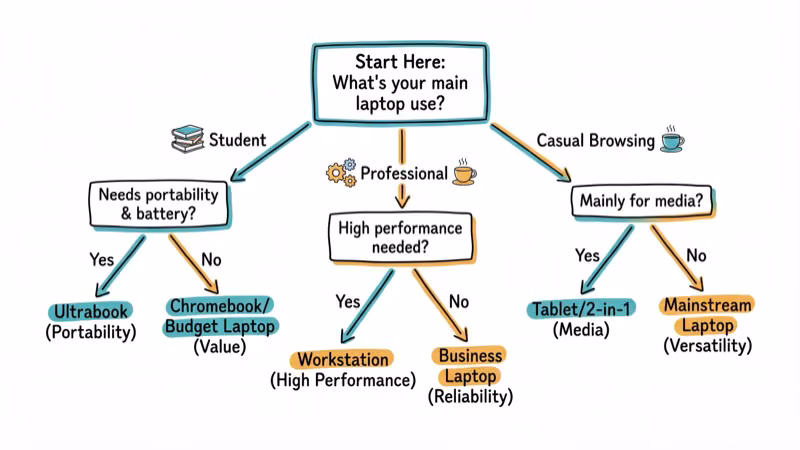 Decision flowchart for choosing a laptop based on usage and budget
