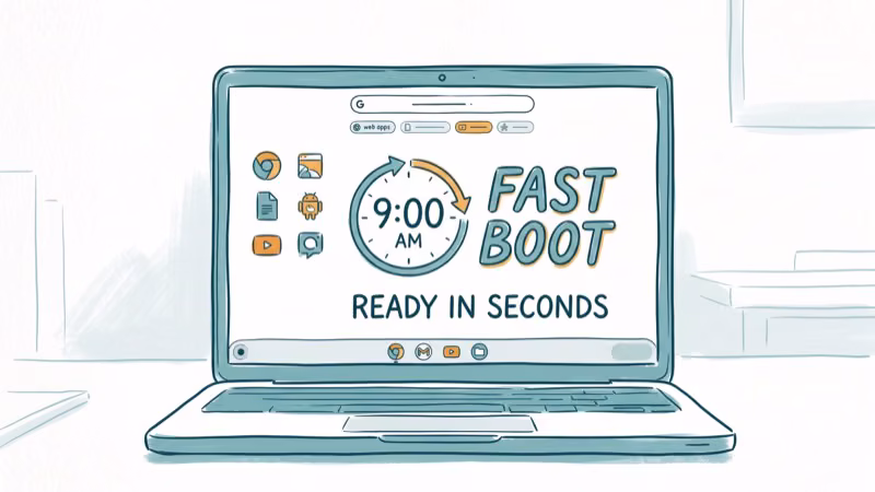 Chromebook laptop displaying Chrome OS with web and Android app icons