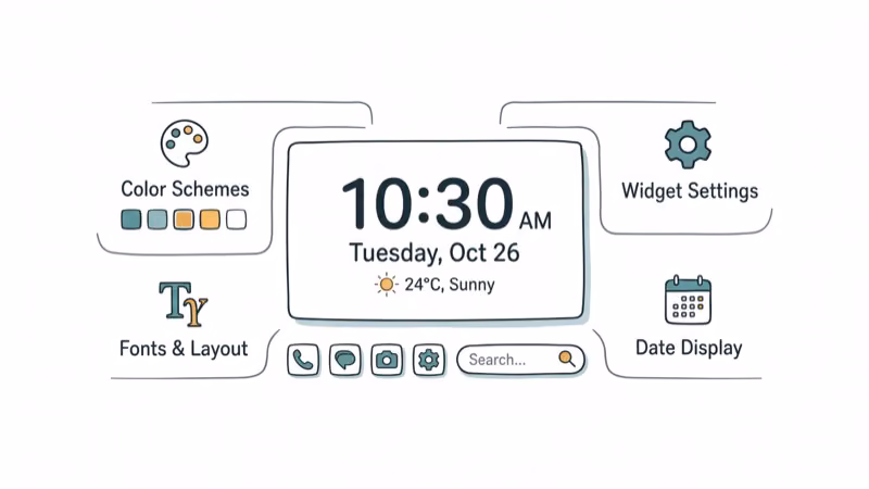 Hand-drawn Android home screen with digital clock widget showing weather and time