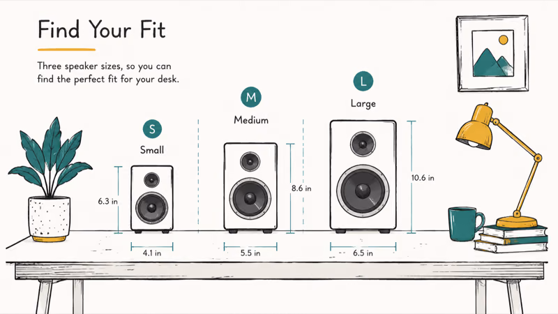 Desk illustration showing different computer speaker sizes and how much desk space each one takes up