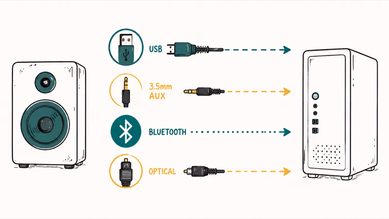 Computer speaker connection options shown as USB, headphone jack, Bluetooth, and optical cables to a PC