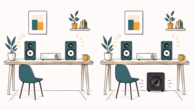 Two speaker setups compared, a stereo pair beside a pair with an added subwoofer on a desk