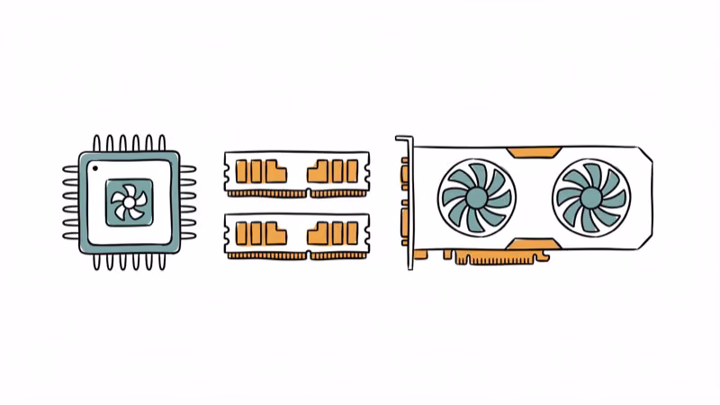 CPU chip GPU card and RAM sticks for high-performance animation workstation