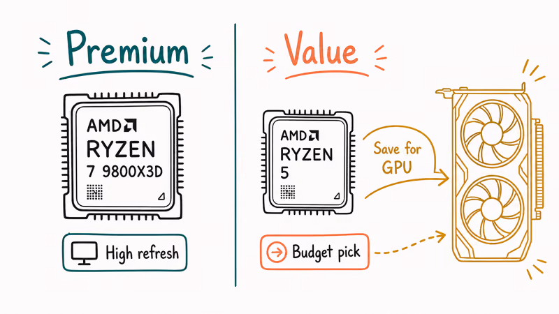 Hand-drawn build cards comparing a premium Ryzen 9800X3D path with a value Ryzen 5 path